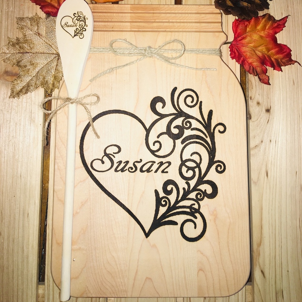 Mason jar style cutting board with wooden spoon